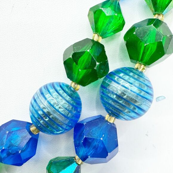 West Germany Vintage Blue Green Lucite Faceted Beaded Necklace 2 Strand MCM - Picture 4 of 16